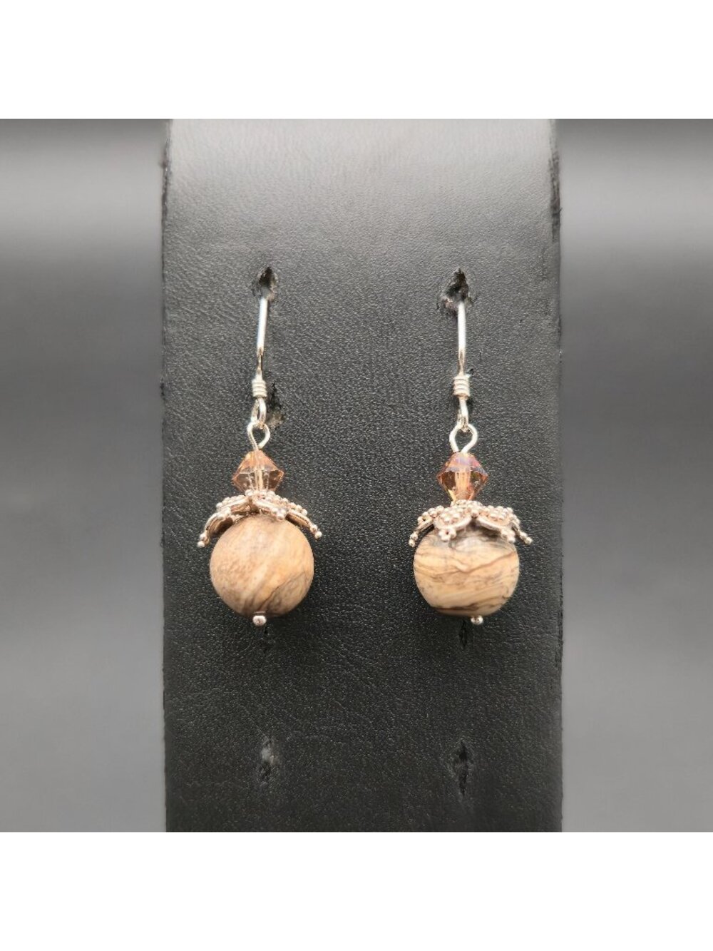 Sterling Silver Picture Jasper Round Bead Dangle Earrings Boho Drop A8722